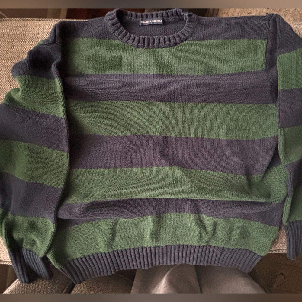 Brandy Melville Green/Navy Striped Crewneck Sweater Large
